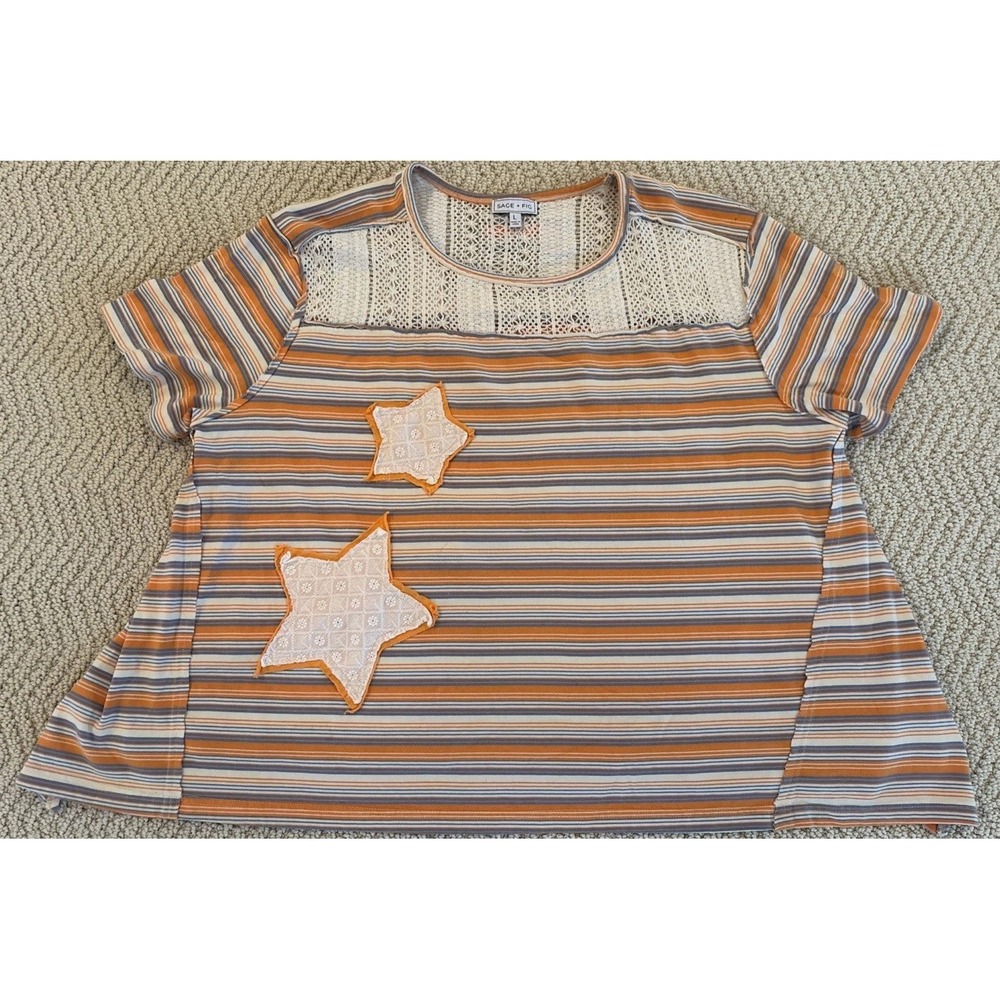 Sage & Fig Short Sleeve Crochet Star Applique Multicolor Stripes Size Large